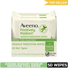 Aveeno Radiant Oil-Free Makeup Removing Face Wipes, 50 ct Twin Pack