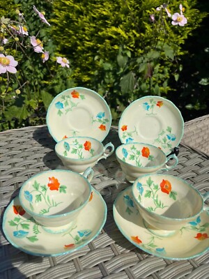 Art Deco handbemalte Hammersley & Co Teetassen und Untertassen x 4 - orange und blau
