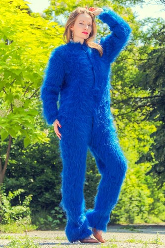Blue mohair catsuit sweater fuzzy thick bodysuit turtleneck zentai overall - Picture 8 of 8