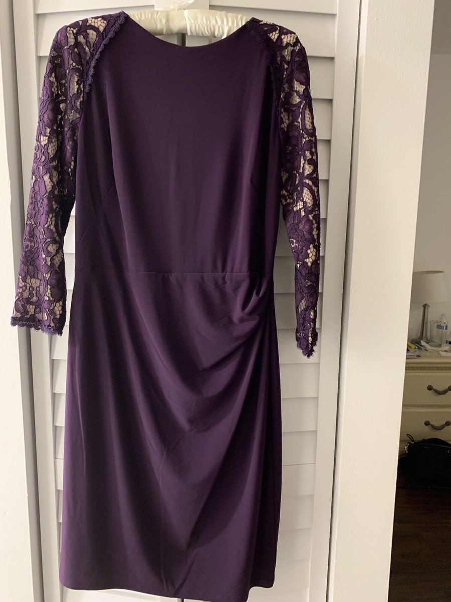 lauren ralph lauren matte jersey surplice dress Womens Eggplant 3/4 Sleeve, Knee Length Cocktail Sheath 8 New promo applies