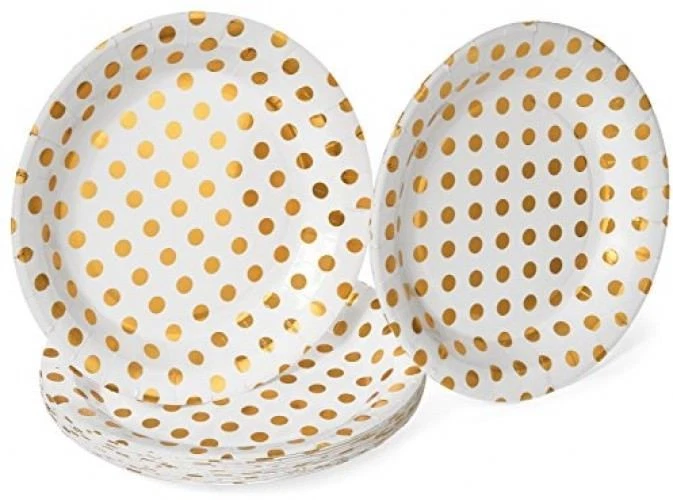  Pack Fiesta Lunares Dorados, Patrón Chevron y Rayas - Juego de 24 Platos de Papel  Foto 2 de 4