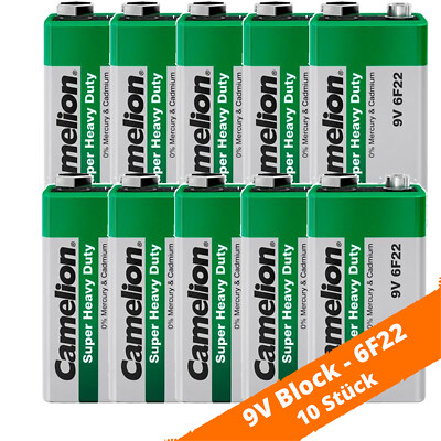 10 x Camelion 9V Block E-Block Super Heavy Duty 6F22 Folie Zink Kohle 190mAh