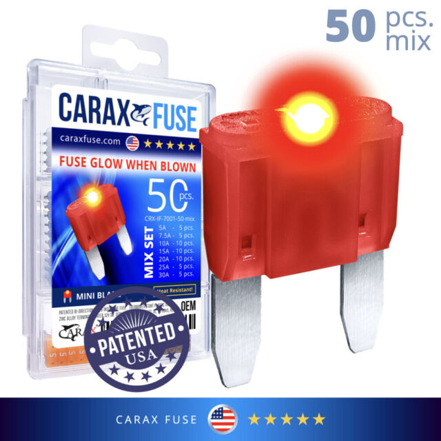 CARAX Glow Fuse – MINI Blade – 50 pcs. Assortment Kit – Glow When Blown LED Auto