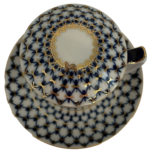 22K Gold Cobalt Net Mug With Lid And Saucer Imperial Lomonosov Porcelain Russian - Picture 2 of 11