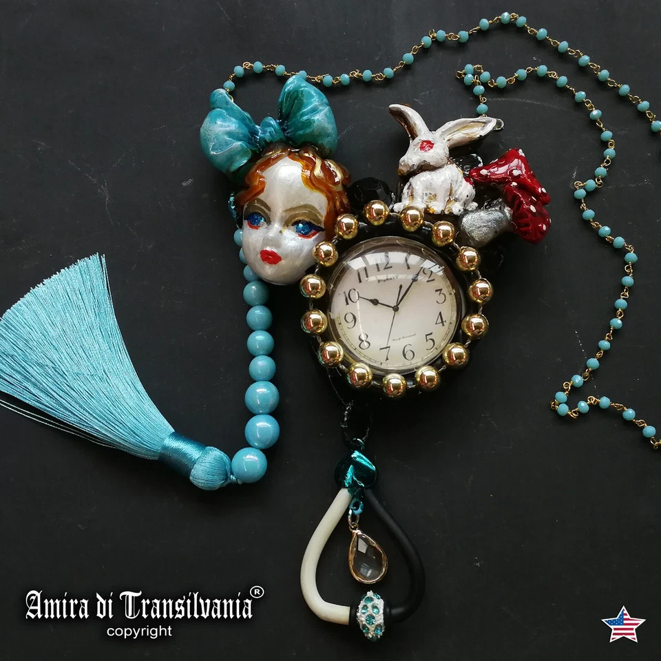 White Rabbit Alice in Wonderland Jewellery Necklace Pendant Art Deco Clock Jewel - Image 2 of 4