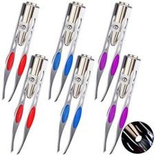 6 Pcs Light Tweezers Stainless Steel Tweezers with LED Light, Makeup Eyelash Eye