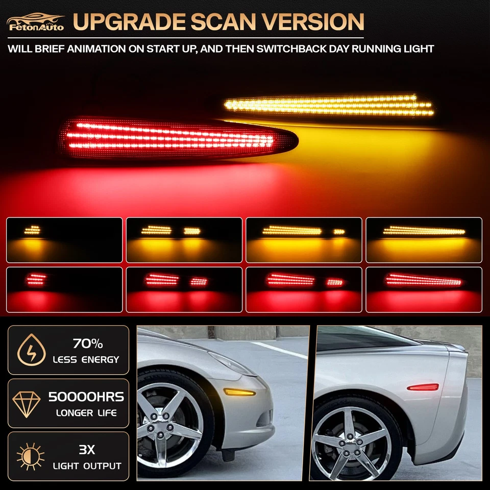 Dynamic 4x LED Side Marker Light Lamps For 2005-2013 Chevrolet Chevy Corvette C6 - Image 2 of 4