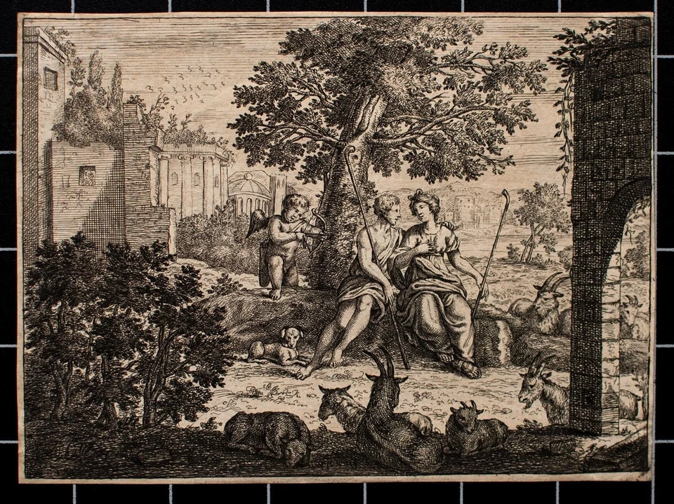 Daphnis Chloe Amor Liebe Paar Hirten Idylle Kupferstich Barock unbekannt - Bild 3 von 3