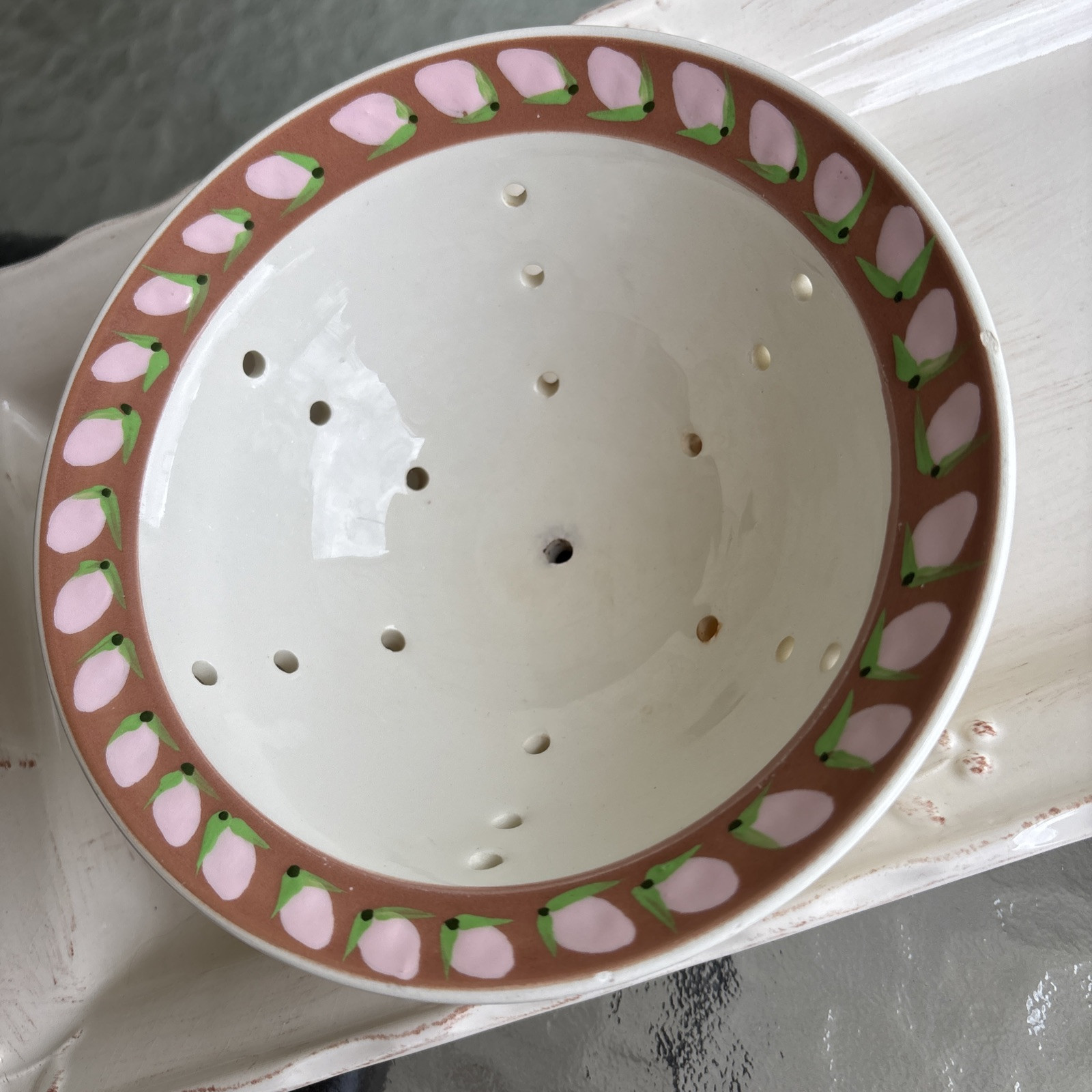 Art Pottery Berry Bowl Colander Hand Painted Signed By Artist Adorable