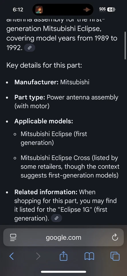 Antena de energía eléctrica usada funcionando OEM Mitsubishi MB903405 para Eclipse 1989-92 Foto 3 de 4
