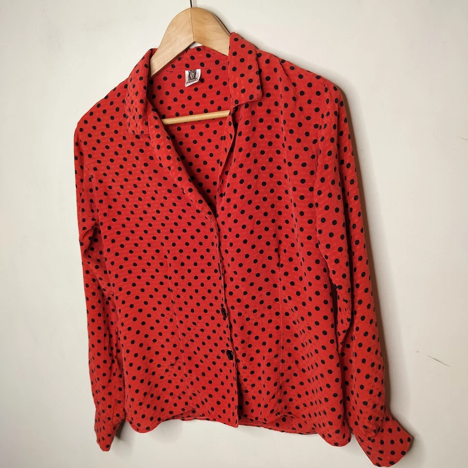 Vtg Anne Klein Silk Blouse Button Up Size 6 Red Polka Dots Long Sleeve - Image 4 of 4