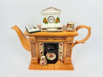 Royal Albert Old Country Roses Teapot Handcrafted Cardew Vintage Clock Fireplace