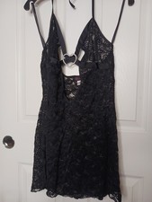 Scalloped Lace Halter Mini Dress Evening Wear Black Medium Babydoll Lingerie 