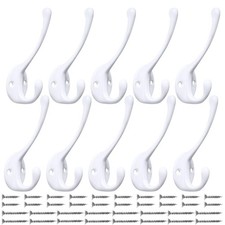 10 Pack Heavy Duty Dual Coat Hooks Wall Mounted with 20 Screws Retro White