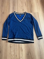 PINK Victoria  s Secret Womens Large Blue V Neck Sweatshirt Varsity Striped