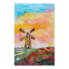 Windmill 2 Original Painting Netherlands Semi-abstract Art Wildflowers Handmade
