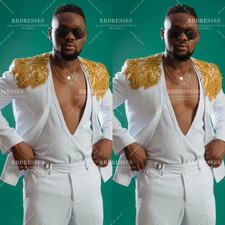 Gold Appliqued Men's White Suit Fits Prom Banquet Wedding 2Pcs Beaded Jacket