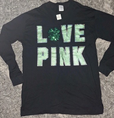 VSPINK bling long sleeve campus tee New Xs Black Shamrock logo 