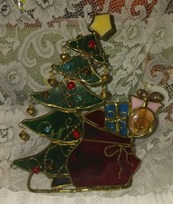 Cute Stained Glass Leaning Christmas Tree Candle Holder  Bells  Gold Accents