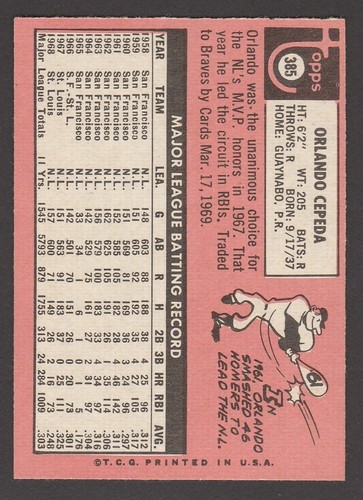1969 TOPPS BASEBALL # 385 ORLANDO CEPEDA NRMT+ INV A2653 - Picture 2 of 2