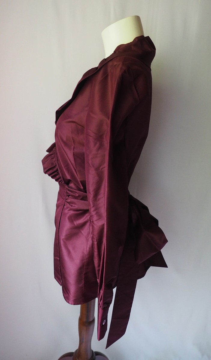 J. Peterman 100% Silk Formal Wrap Blouse Flamenco Ruffle Belted