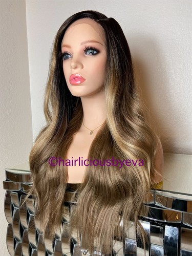 Ash Blonde Honey Sandy Ombré Wig Side Part Darker Roots 24” Long Wavy Heat Ok - 第 2/7 張圖片