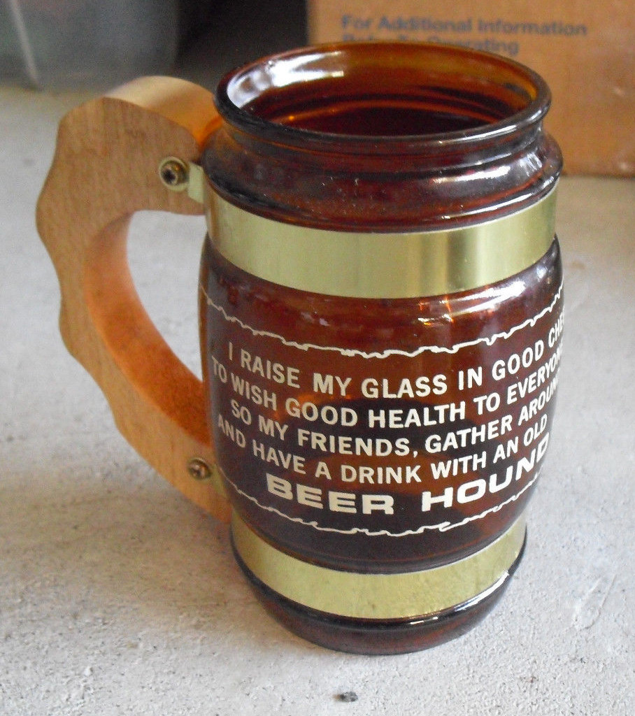 Vintage 1960s Siesta Ware Brown Glass Beer Hound Beer Mug Wood Handle 5" T