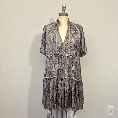 KARLIE Midi Dress Womens L Multicolor Python Shift Tiered V-Neck Tasseled Boho