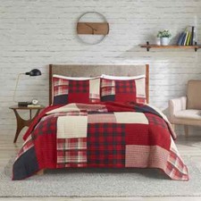 BEAUTIFUL LODGE LOG CABIN COUNTRY WESTERN WHITE BEIGE GREY RED BLACK QUILT SET