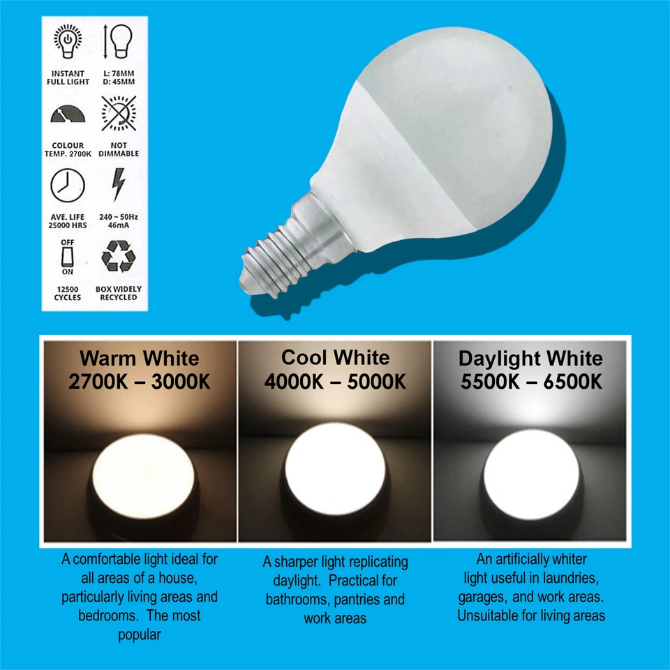6x 6W G45 Golf Ball LED Light Bulb, Round E14 SES 2700K Warm White Lamp - Image 2 of 2
