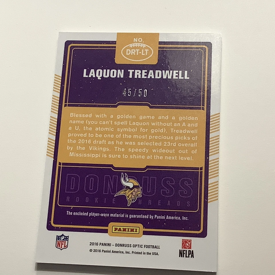 2016 Donruss Optic Rookie Threads Pink Laquon Treadwell #DRT-LT Rookie RC d - Image 2 of 2