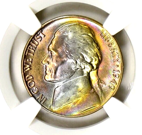 1949-D NGC MS66 Star Monster Rainbow Toned Jefferson Nickel GEM Dual Sided Color