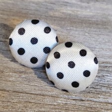 Polka Dot White Black Pretty Woman Round Silk Blend Fabric Button Earrings