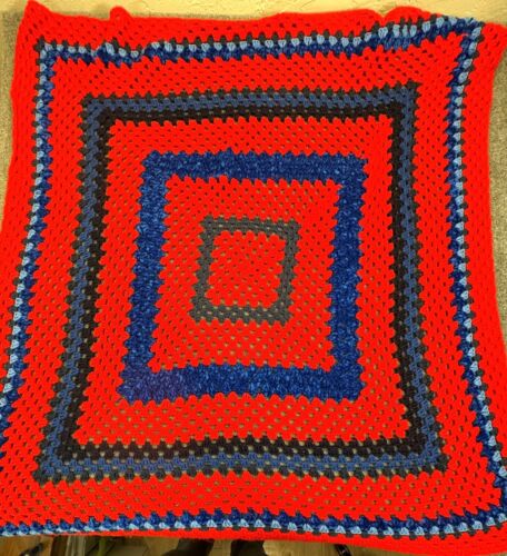 Handmade Crochet Afghan Blanket Throw 48 X 51 Blue Red Roseann Blanket Grannie - Picture 1 of 11