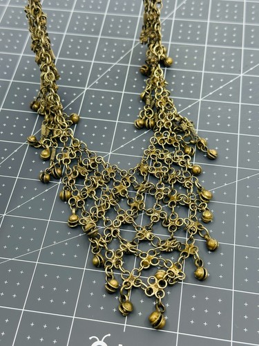 Vintage Beduoin Bib Necklace 3 Tier Bells Flowers Mesh Brass Hook Closure Estate - Picture 9 of 9