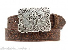 Silver CROSS Buckle NOCONA Brown Scroll-Tooled LEATHER Western BELT COWGIRL