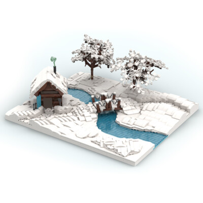 C9154 Winter Village HutCottage with Stream and Trees 2451 Parts for Christmas