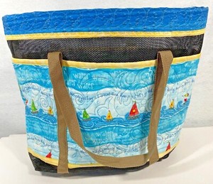 Quilted Fabric Beach Tote with Vinyl Mesh 15x 20 x6" 6 Outer Pockets Handmade 