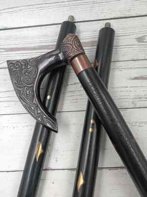 Antique Solid Axe Head Designer Handle Vintage Cane Wooden Walking Stick Unisex