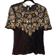VINTAGE SILK BEADED SEQUIN BLOUSE TOP PARTY HOLIDAY NYE
