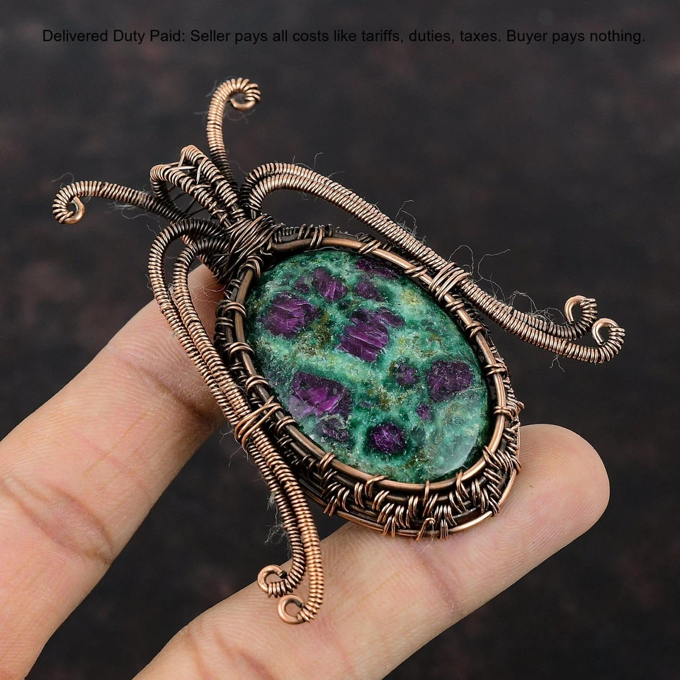 Oferta de Año Nuevo Ovalado Rubí Fucsita Piedras Preciosas Alambre Envuelto Boda Colgante Cobre Foto 3 de 4