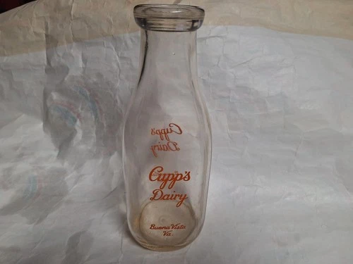 Vintage Cupps Dairy Buena Vista Virginia One Quart Milk Glass Bottle Cow Farm Va