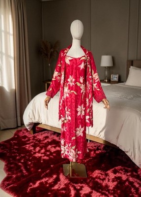 Vtg NATORI Saks Fifth Ave Red Satin Floral Lilies Nightgown & Robe Set Sz Small