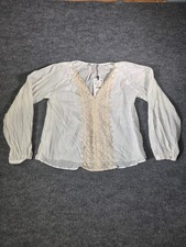 Zara Women Lace Trim V Neck Blouse Sz S White Long Balloon Sleeve Casual Top