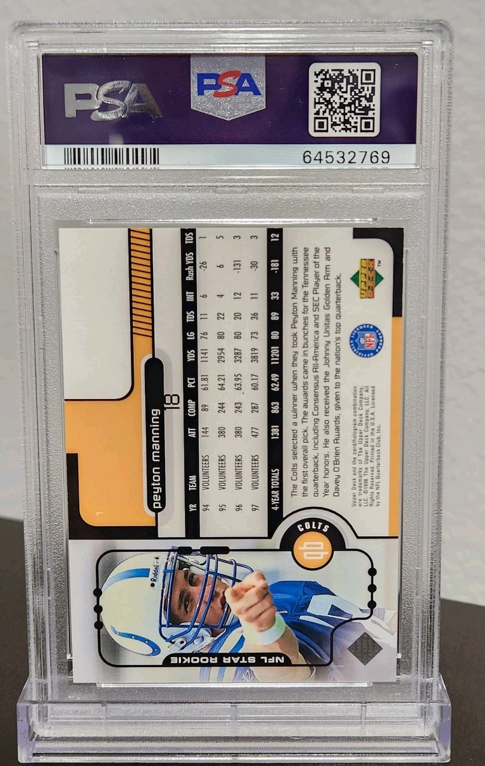 1998 Upper Deck Peyton Manning Rookie Card #1 PSA 9 HOF RC Star Rookie view 4