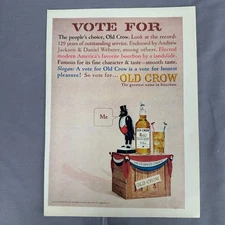 1964 Vote Old Crow Bourbon Vtg Print Ad Mid Century Whiskey Bar Decor Penguin