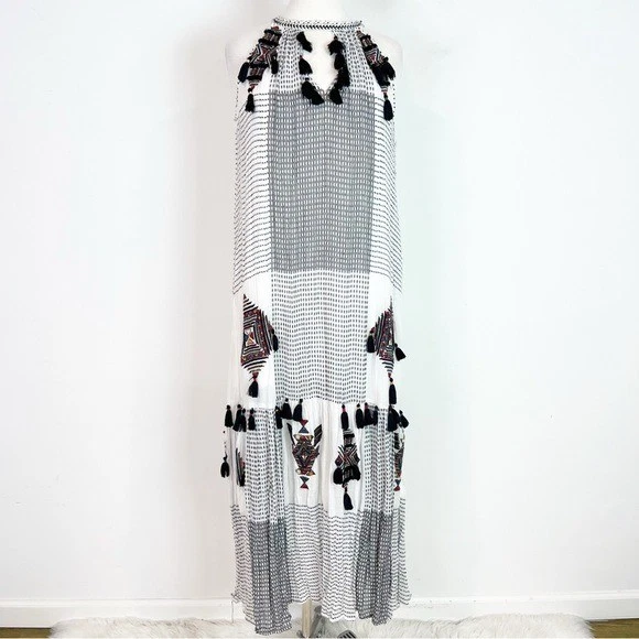 MAEVE ANTHROPOLOGIE ЧЕРНЫЙ БЕЛЫЙ ПУЭБЛА TASSLED БОГЕМНОЕ МАКСИ ПЛАТЬЕ ЖЕНЩИН SZ XS - Изображение 3 из 4