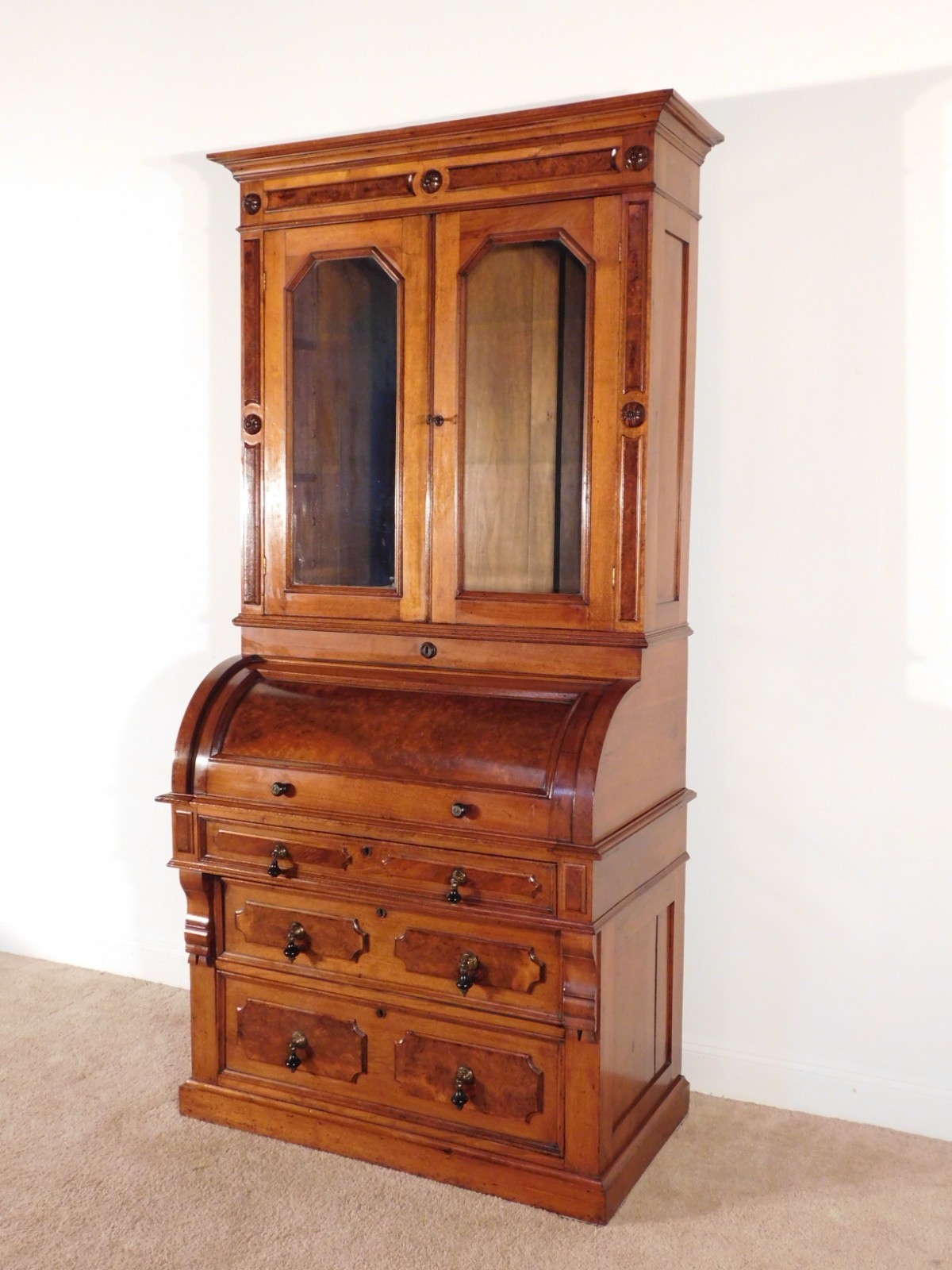 ANTIQUE 1880s Victorian Eastlake Burled Walnut Cylinder Secretary Bookcase Desk