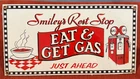 Smiley's Rest Stop EAT & GET GAS Just Ahead Vintage Metal Porcelain Sign