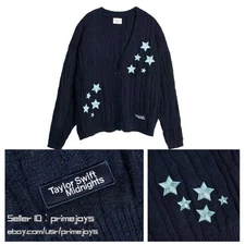 Taylor Swift Midnights Cardigan Stylish Knit Sweater Navy Blue with Star Design